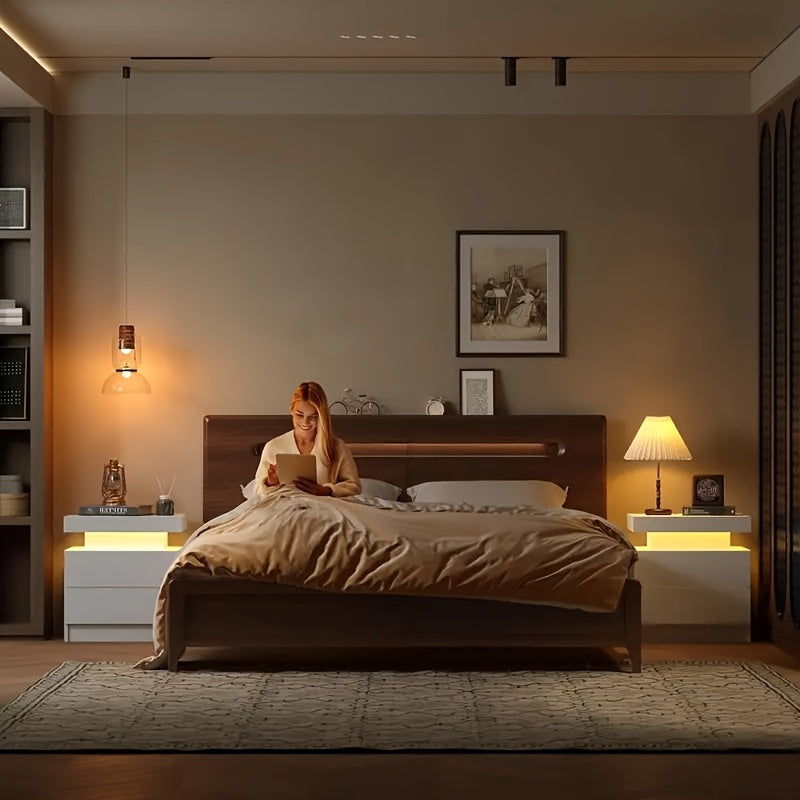 "Lumina Nachtkastje – Minimalistisch Wit LED Nachtmeubel met 3 Ruime Lades"