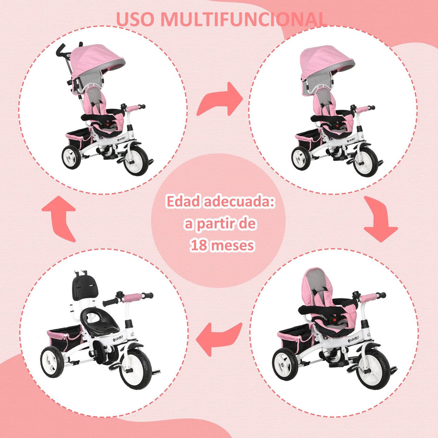 6-in-1 Baby Driewieler(Roze)