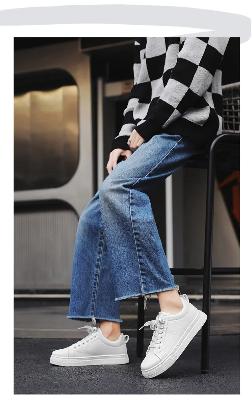 Heren Sneakers - Luxe PU Leer Casual Schoenen in Wit/Zwart
