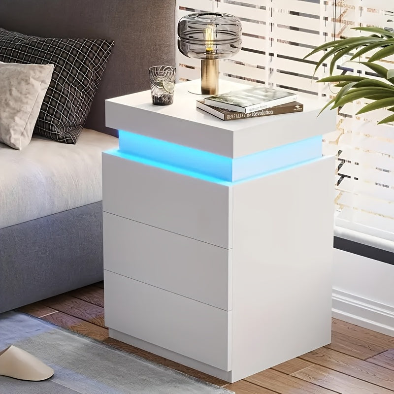"Lumina Nachtkastje – Minimalistisch Wit LED Nachtmeubel met 3 Ruime Lades"